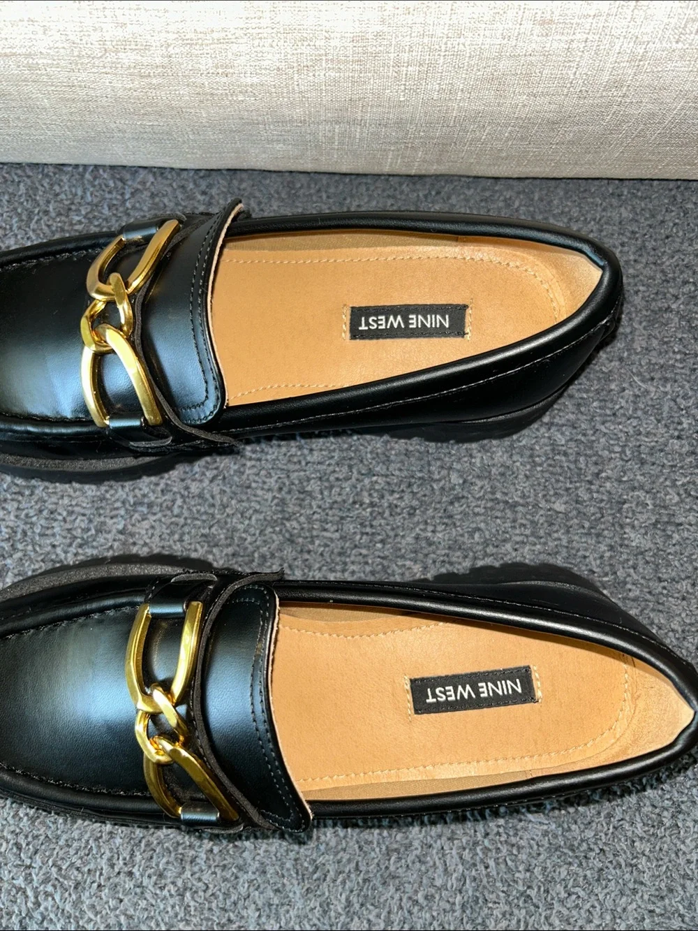 Nine West Black Loafers with Gold Chain Accent